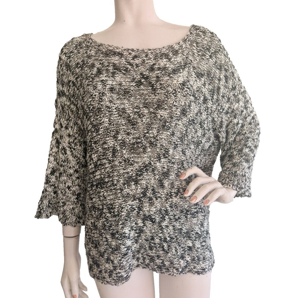 EILEEN FISHER Sweater Black Marbled Woven Knit Oversized Top 3/4 Sleeve Sz L XL